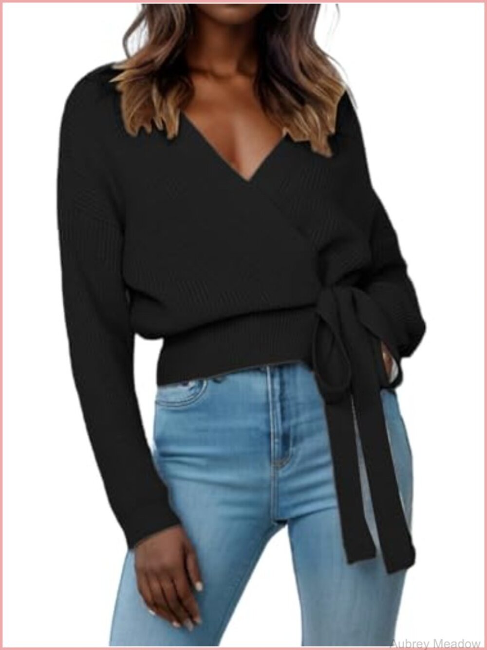 V Neck Wrap Sweater Pullover Lace Up Batwing Knit Oversized